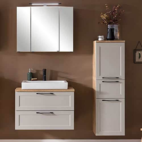 Lomadox Badmöbelset Badezimmer in Kaschmir Eiche, mit Waschtisch 80 cm mit Kermaik-Aufsatzbecken Spiegelschrank Midischrank, B/H/T ca. 140/200/47 cm
