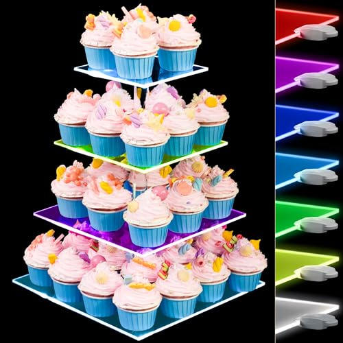Rechargeable LED Acrylic Cupcake Stand - 4 Tier Clear Dessert Display Stand for Parties, Celebrations, and Events