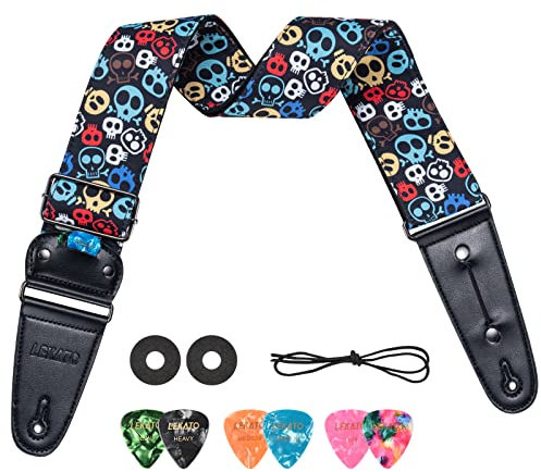 LEKATO Gitarrengurt, Gestreift 6.7cm Breit Verstellbarer Rindsleder Lederenden mit Pick Tasche - mit 6 Plektren/Strap Locks - Guitar Strap für Bass, elektrische und akustische Gitarren
