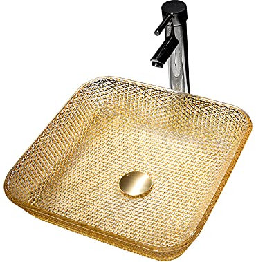 Badezimmer-Waschbecken, Waschtisch, Glas-Waschbecken, quadratisches, gelbes Waschbecken auf der Arbeitsplatte, Schüssel über dem Waschbecken auf der Theke, Kunstwaschbecken mit Wasserhahn und Pop-up-