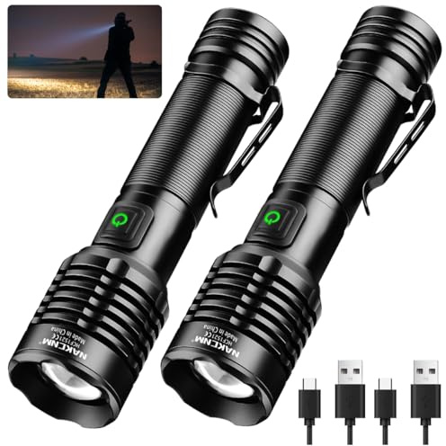 NAKCNM Rechargeable Flashlight High Lumens 2000, 5 Modes Small Powerful Super Bright Flashlights LED Strong Pocket Flash Light USB C with Clip for Home,Camping(2 Pack)