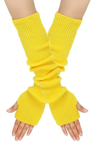 Wambere Damen Mädche Winter Fingerlose Armstulpen Langarm Fäustlinge Handschuhe Feinstrick lang Handwärmer Stulpen,Warm Strick Handschuhe Pluswärmer Strickhandschuhe,Gelb
