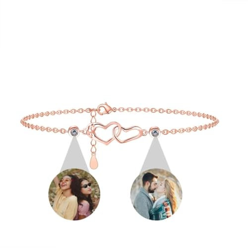 Liskanap Personalisierte Foto Armband Herz Projektion Armband mit 2 Bild im Stein, Lupe Foto Armbänder, Verstecktem Fotoarmband für Frauen Damen Freundschaft Silber Rose Gold