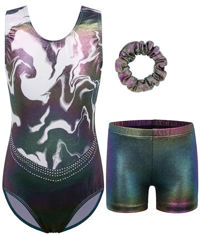 BAOHULU Gymnastikanzug für Mädchen mit aktiven Shorts, glänzendes Diamant-Kreuzrücken, Kinder-Tanz-Outfit, Ein schwarz-weißes Achat-Set, 7-8 Jahre