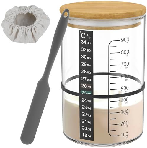 7Pcs Sourdough Starter Jar Kit Glass 900ml 32 Oz Sourdough Starter Container with Silicone Scraper Cloth Cover Thermometer Reusable Sourdough Starter Jar for Bread Fermentation