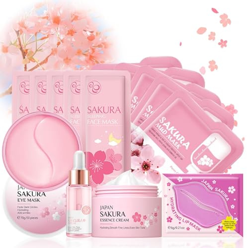 Sakura Skin Care Sets & Kits, Girlsfriend Gifts, Pamper Gifts for Women with Serum,Cream,Sleep Mask,Eye Mask- Pamper Set for Teen,Girls,Women,Mom | Birthday, Travel Skincare Set（14PCS）