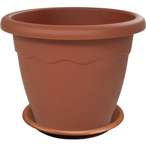 Sicignano | Vaso Rotondo per Fiori Piante + Sottovaso, Plastica Color Terracotta, con Fori di Drenaggio, Resistente agli UV - Esterno Giardino Balcone Terrazzo, Made in Italy (3, Ø30x23h cm)