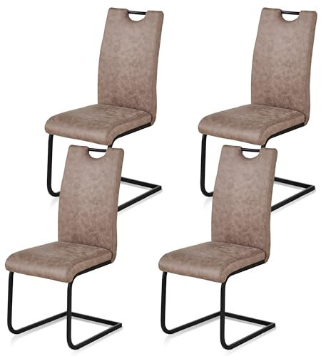KHG Esszimmerstühle 2er Set, Schwingstuhl Kunstleder Hellbraun, Freischwinger Metall pulverbeschichtet, Küchenstuhl, Essstuhl, Polsterstuhl, für Esszimmer Küche Büro