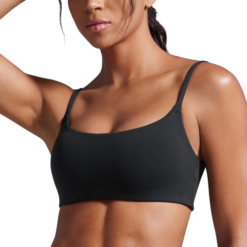 CRZ YOGA Butterbreeze Scoop Neck Sports Bras for Women - Spaghetti Straps Wireless Workout Padded Gym Cami Top Black Small