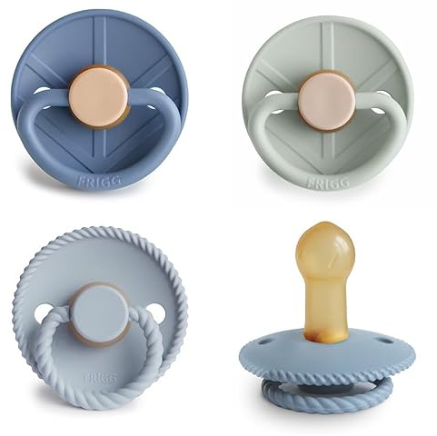 FRIGG Multipack Latex-Schnuller | 4'er Packung | Naturgummi/Naturkautschuk | Hergestellt in Dänemark | Symmetrischer Sauger in Kirschform | (Skyline Serenity, Größe 2 (6-18 Monate))