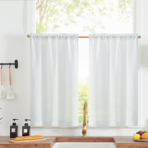 TOPICK Scheibengardinen Bistrogardine Küche H 90 x B 65 (cm) 2er Set Küchengardinen Küchenvorhang Fenstergardinen Leinenoptik Kurz für Wohnzimmer modern Blickdicht Vorhänge Lichtdurchlässig Weiß