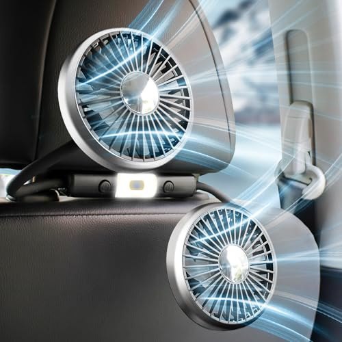 xuenair Ventola di raffreddamento a 360 gradi per sedile posteriore auto, ventilatore USB portatile per auto, SUV, camper, pickup, camion, poggiatesta, potente luce LED a 3 velocità