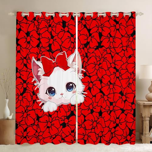 feelingyou Tenda per finestra con motivo animale, colore blu, con grazioso gatto, decorazione per camera da letto di bambini e adulti, tenda per bambini e ragazze, con fiocco 3D, decorazione per