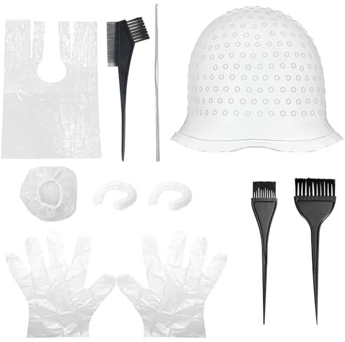 LUMOOM 11 fundas de silicona para mechas reutilizables, juego de mechas con aguja y agujeros, gorro para mechones con 3 pinceles, para peluquería y familias (color blanco)