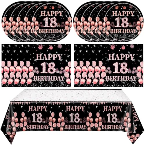 41Pcs 18th Birthday Decorations for Girls Black Rose Gold Happy 18th Birthday Napkins Tablecloth Plates Disposable Cake Tableware Set for Girls Kids 18 Year Old Girl Birthday Decorations Serves 24