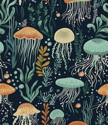 Laatse Blue Jellyfish Wallpaper Peel and Stick, Vintage Sea Ocean Contact Paper 17.5 x 118, Seaweed Wall Paper Self Adhesive Removable Waterproof for Children's Room Bathroom Shelves Cabinet Table