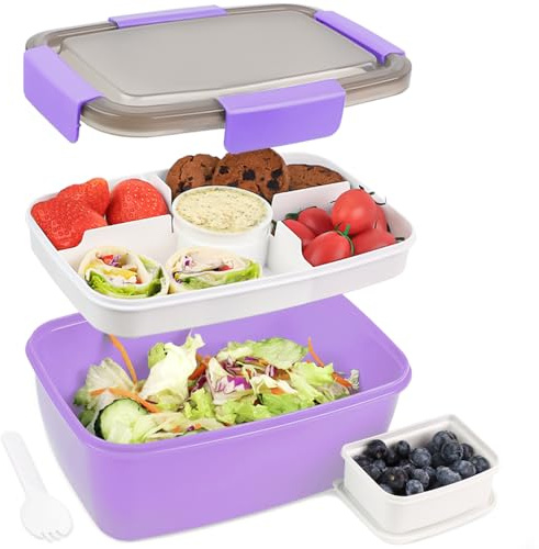 Bugucat Bento Box 2 000 ml, lunchlåda sallad lunchbehållare för att gå med 4 fack, salladsskål med dressing behållare, matförberedning för mat- fruktmellanmål, lila