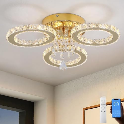 VETRULUS Moderner Kristall-LED-Kronleuchter – Goldene Deckenleuchte mit 3 Ringen, Dimmbar für Schlafzimmer, Esszimmer, Flur
