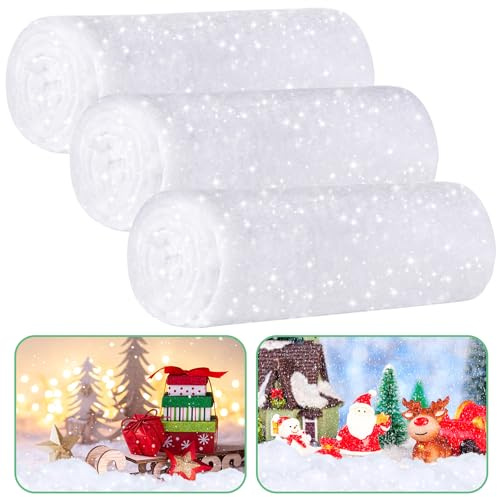 Aweyka Christmas Snow Blanket Roll Glitter Snow Blanket Fake Snow Blankets for Christmas Village Artificial Snow Carpet Artificial Snow Blanket Fluffy Fake Snow for Xmas Decoration(3 Pack,1.3 x 5 Ft)