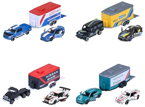Majorette Trailer Ride Wild Racing 1:64, mit 2 Metallautos, 3-teiliges Set mit Freilauf, offizielle Lizenzen, zufällige Lieferung zwischen 4 Modellen, ab 3 Jahren (8502003001)