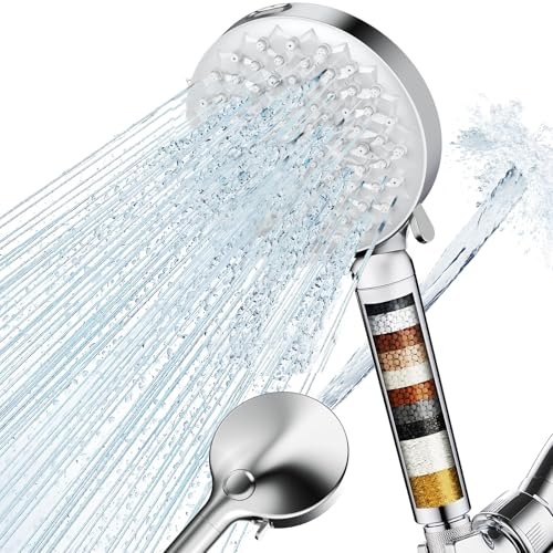 BOTC Pommeau de Douche Anti Calcaire, Filtration 20 Couches, Douchette Haute Pression avec 7 Modes de Jet, Douches à Main Economie Deau (Argent)