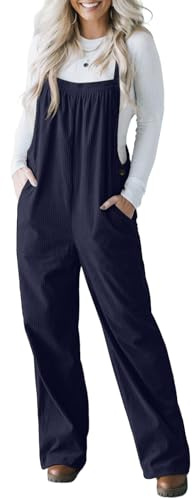 IWOLLENCE Corduroy Dungarees Women Adjustable Strap Overalls Bib and Brace Jumpsuit for Women UK Ladies Corduroy Jumpsuits with Side Buttons and 4 Pockets (Navy Blue, L)