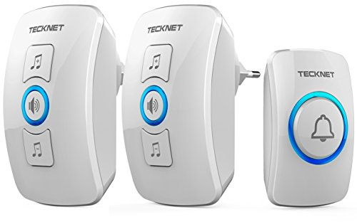 TECKNET Funkklingel, IP65 wasserdichte außere Funkklingel mit 400 m Reichweite, Funk-Türklingel-Set, 60 Melodien, 5 Lautstärkestufen, Funkklingel mit LED-Blitz, 2 Empfänger und 1 Sender, Weiß