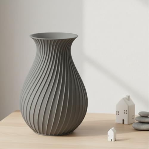 FynDesign LYSA Vase groß 24cm Grau – Blumenvase 3D-Druck Pampasgras | Große moderne Vase für Pampasgras & hohe Sträuße – 3D-Druck, bruchsicher, nachhaltig, matt – Blickfang für Esstisch & Flur