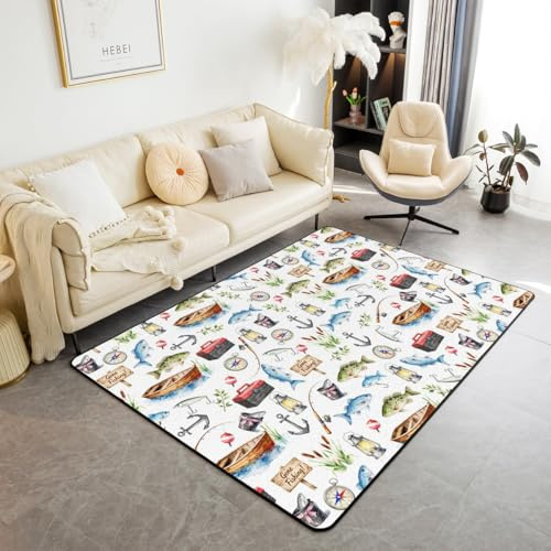 Manfei Gone Fishing Tappeto da spiaggia, ancora barca, canna da pesca, tappeto per interni, tappeto per ingresso per bambini, ragazzi e ragazze, decorazione per la stanza dei bambini, ragazzi e