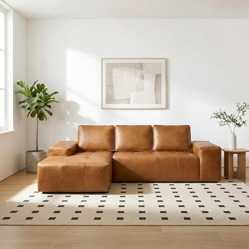 114 Inch Boneless Sectional Couches for Living Room, Brown Cloud Faux Leather Couch in a Box, Modular Sectional Sofas for Living Room, L Shaped Couch with Chaise, Memory Foam Deep Seat, Left Chaise