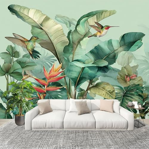 Murale Carta da Parati 250x175cm Tropicale Piante Foglia Di Banano Colibrì Stampa Artistica Premium in Tessuto non Tessuto Poster Verde Chiaro per Famiglia Murales Adesivi da Parete Decorare