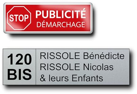 Plaque Boite aux Lettres Personnalisable avec Numéro 10x2,5 cm + Stop Pub – PVC Adhésif – Nom Prénom Chiffre – Pas de Publicité Démarchage (Argent)