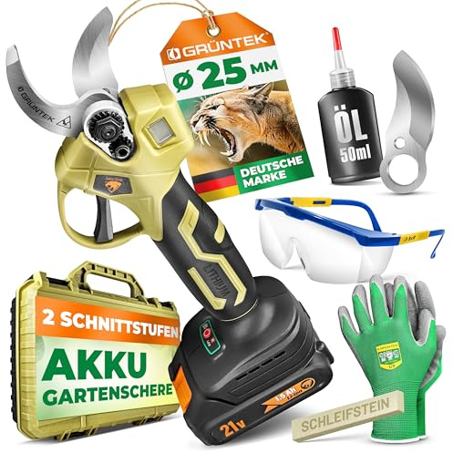 GRÜNTEK Forbici Potatura a Batteria. Cesoie Giardinaggio Elettriche - Motore Brushless - Taglio fino a Ø 25 mm. Forbice Potatura a Batteria Lama SK5 e Display LCD. Potatore con Attrezzi Giardinaggio.