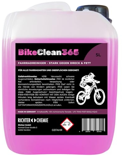 BikeClean365 Fahrradreiniger 5L Kanister, stark gegen Fett & Schmutz, für E‑Bike, MTB, Rennrad, Trekking‑ & Citybike, materialschonendes Fahrrad‑Reinigungsmittel, pinke Flüssigkeit, Made in Germany