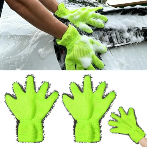 2 Stück Mikrofaser Auto Waschhandschuh 5 Finger, Chenille Autopflege Handschuhe, Kratzerfreie Autowäsche Detail Doppelseitig Reinigungshandschuhe, Saugstark Weich für LKWs Motorrad Staubwischen