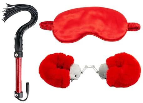 Handbojor i metallplysch, smidig justerbar ögonbindel och handbojor i plysch, 2-delat set, cosplay- och festtillbehör för kvinnor-SY001SE (Röd 3 Pcs: A)