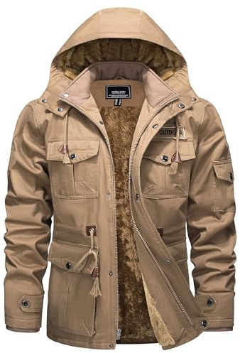 Hommes Veste Hiver Chaude Veste de Travail Coton Veste Polaire Grande Taille Veste Militaire US Army Vintage Blouson Capuche Veste Tactique Extérieure Veste Cargo Décontractée Coupe-Vent Beige