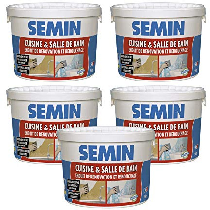SEMIN Enduit de Rebouchage & Rénovation Cuisine et Salle de Bain 5kg – Enduit Prêt à l’Emploi, Haute Adhérence sur Carrelage sans Primaire, Résistant à l’Humidité, Murs Intérieurs - Lot de 5