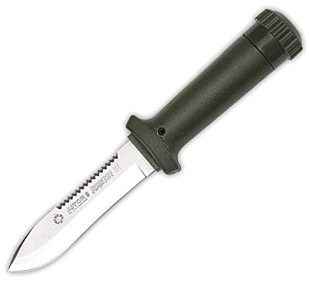Aitor Cuchillo Jungle King III con Hoja de Acero INOX X42 de 10,5 cm y empuñadura de Poliamida Verde de 11,5 cm Hueco + Kit Supervivencia + portabotellas Regalo