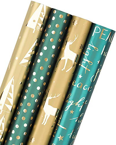 RUSPEPA Geschenkpapierrolle - Grünes Und Goldenes Papier Mit Glitzernder Metallfolie Glanz - 4 Rollen - 76cm X 305cm Pro Rolle