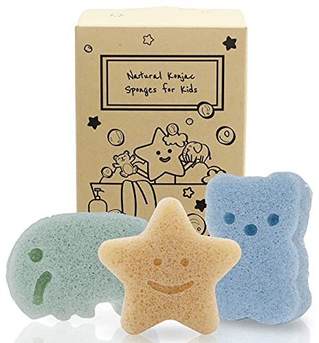 myHomeBody Konjac Baby Sponge for Bathing, Cute Shapes Natural Kids Bath loofah for Infants, Toddler, Newborns, Safe Plant-Based, 3pc. Set: Elephant, Bear & Star