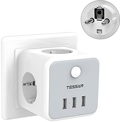 TESSAN 6 en 1 Cubo Enchufe USB, Ladron Enchufes Triple con 3 USB y Interruptor, para Phone, Pad, Hogar y Oficina, Gris