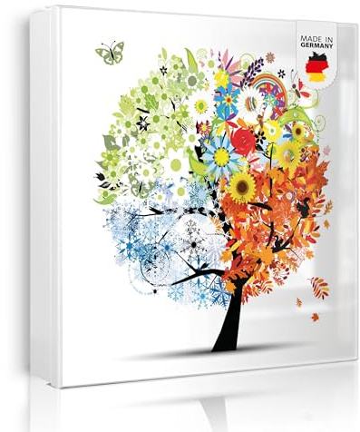 banjado Großer Schlüsselkasten Metall - Schlüsselbox 30x30cm beschreibbarer mit 32 Haken - Schlüsselkasten modern für Schlüsselaufbewahrung - Korpus Weiß Scharnier Links - Motiv Vier Jahreszeiten