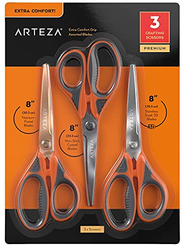Arteza Craft Scissors, Set of 3, 20.3 cm Scissors with Different Blades, Titanium Non-Stick Stainless Steel Blades, Craft Supplies for Scrapbooking, Building Models, and Cutting Felt Designs