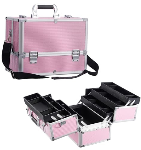Joligrace Coffret de Maquillage Cosmétique Organisateur Beauty Box Vernis à Ongles Vanity Storage Vanity Case avec 4 Plateaux et verrous à clé, Rose