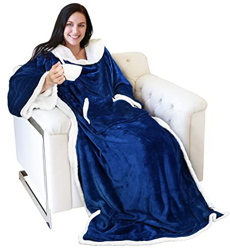 Catalonia Classy Warm Wearable Blanket with Sleeves Women, Gift for Her, Soft Wearable Blanket, Cozy Double Blanket with Arms,185 x 140 cm Dark Blue
