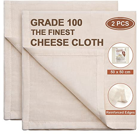 eFond 2-Pack Cheese Cloths for Straining, 50x50cm Squares with Hemmed Edges, Grade 100 Ultra Fine Reusable Muslin Cloths, Unbleached Cotton Cheesecloth for Nut Milk, Butter, Baking & Cooking