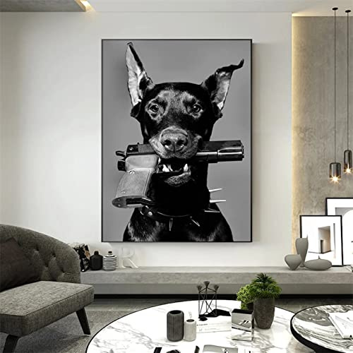 5D Diamant Painting Full Drill Set Dobermann Hund Pistole Schwarz Weiß 60x90cm DIY Diamond Painting Bilder, Kreuzstich Diamant Gemälde Kits, Mosaik Diamond Malerei Kunst Basteln Wand Decoration