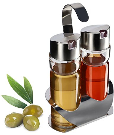 KADAX Dispenser di olio e aceto con supporto, contenitore in vetro trasparente con coperchio in metallo, set dispenser olio, bottiglie di spezie da cucina, olio e aceto (argento)