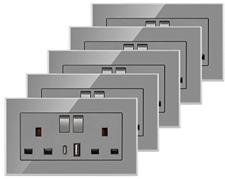 5 Pack CNBINGO Glass Double Switched Socket with USB-A and Type-C Charging Ports, Grey Tempered Glass Panel Wall Outlet, 2 Gang 13 Amp Electric Power Socket